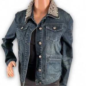 Forever 21 Indigo Blue Denim Silver Accent Beaded Crop Casual Jacket Size S New